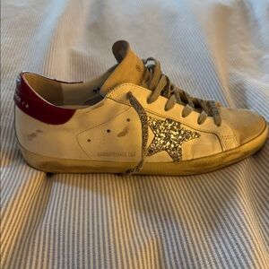 Golden Goose Cream Leather Sneaker with Silver Glitter Star and Red Heel Tab